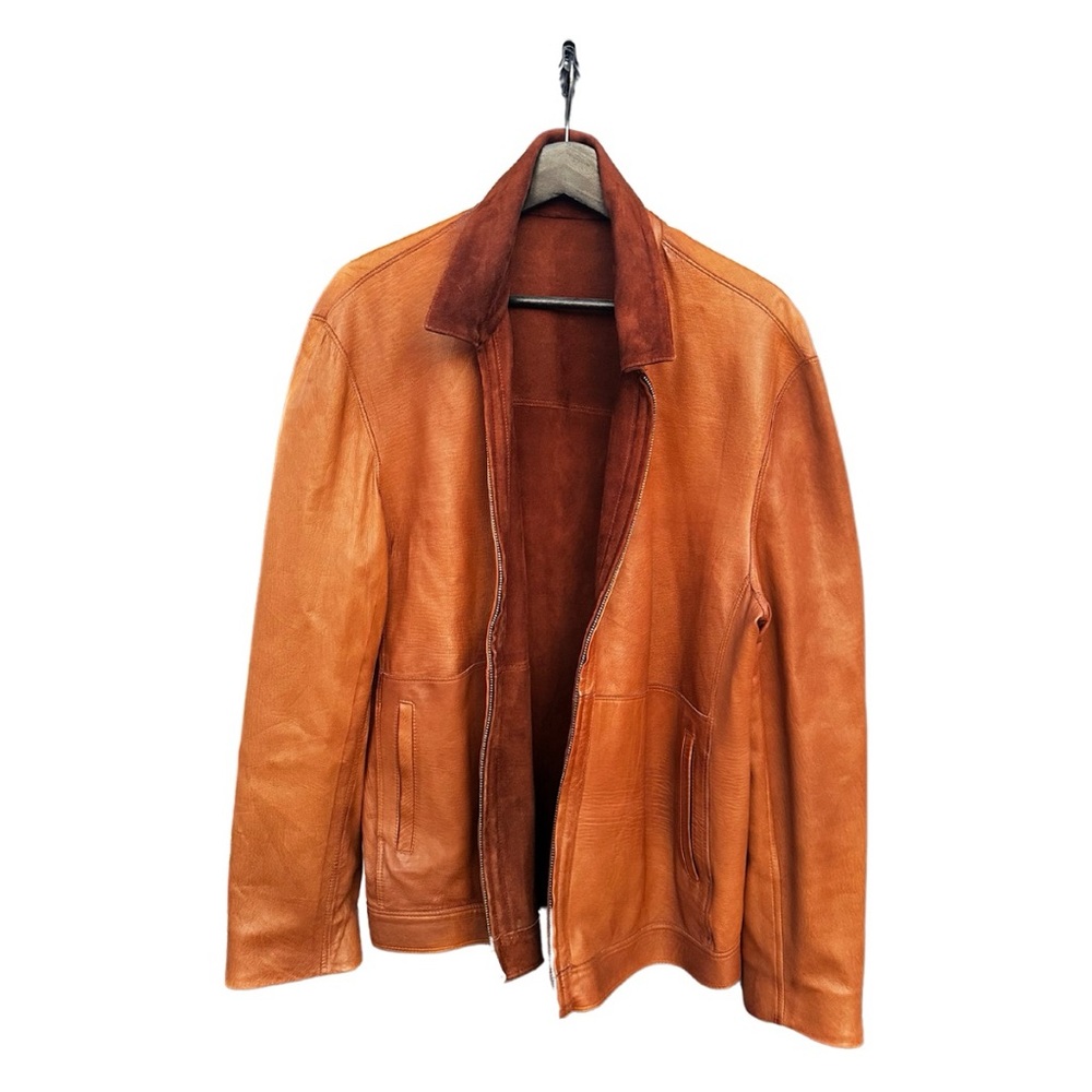 Tan Lightweight Leather and Suede Reversible Jacket with Relaxed Fit